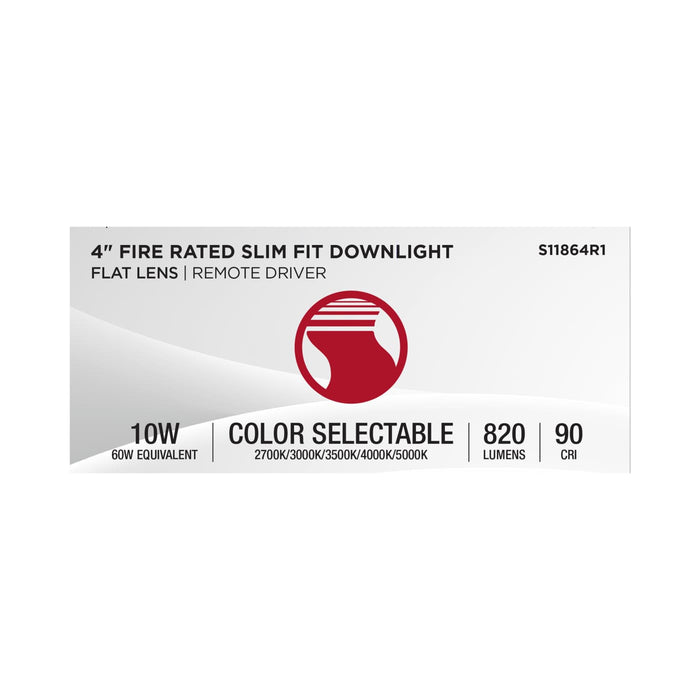 SATCO/NUVO 4 Inch Fire Rated Direct Wire Slim Fit Flat Face Downlight 10W 820Lm CCT Selectable 2700K/3000K/3500K/4000K/5000K 90 CRI Dimmable 120V White (S11864R1)