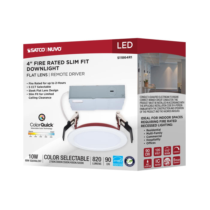 SATCO/NUVO 4 Inch Fire Rated Direct Wire Slim Fit Flat Face Downlight 10W 820Lm CCT Selectable 2700K/3000K/3500K/4000K/5000K 90 CRI Dimmable 120V White (S11864R1)