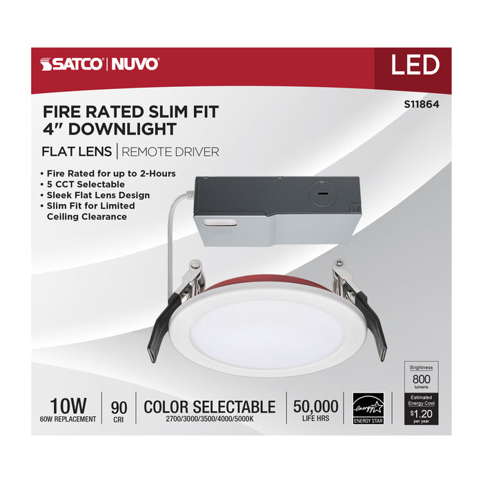 SATCO/NUVO 10W LED Fire Rated 4 Inch Direct Wire Downlight Round Flat Lens CCT Selectable 2700K/3000K/3500K/4000K/5000K 120V Dimmable Remote Driver White (S11864)