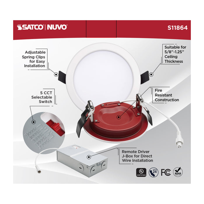 SATCO/NUVO 10W LED Fire Rated 4 Inch Direct Wire Downlight Round Flat Lens CCT Selectable 2700K/3000K/3500K/4000K/5000K 120V Dimmable Remote Driver White (S11864)