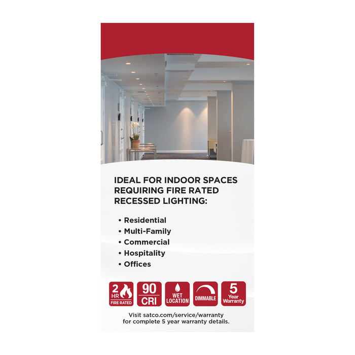 SATCO/NUVO 10W LED Fire Rated 4 Inch Direct Wire Downlight Round Flat Lens CCT Selectable 2700K/3000K/3500K/4000K/5000K 120V Dimmable Remote Driver White (S11864)