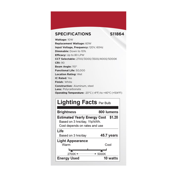 SATCO/NUVO 10W LED Fire Rated 4 Inch Direct Wire Downlight Round Flat Lens CCT Selectable 2700K/3000K/3500K/4000K/5000K 120V Dimmable Remote Driver White (S11864)