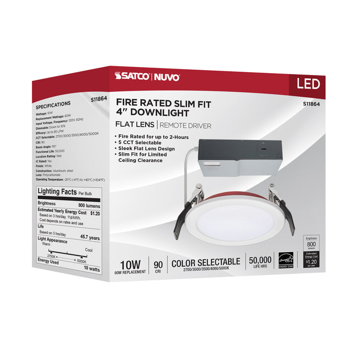 SATCO/NUVO 10W LED Fire Rated 4 Inch Direct Wire Downlight Round Flat Lens CCT Selectable 2700K/3000K/3500K/4000K/5000K 120V Dimmable Remote Driver White (S11864)