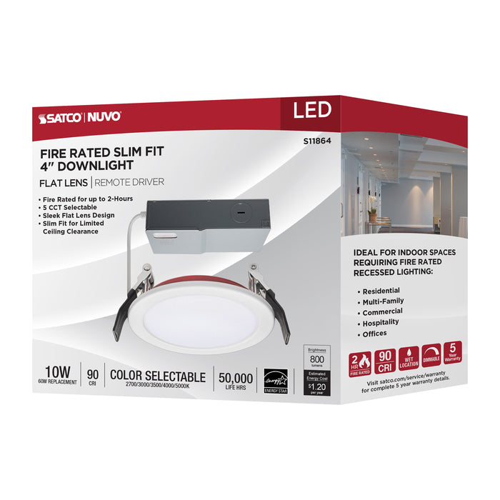 SATCO/NUVO 10W LED Fire Rated 4 Inch Direct Wire Downlight Round Flat Lens CCT Selectable 2700K/3000K/3500K/4000K/5000K 120V Dimmable Remote Driver White (S11864)