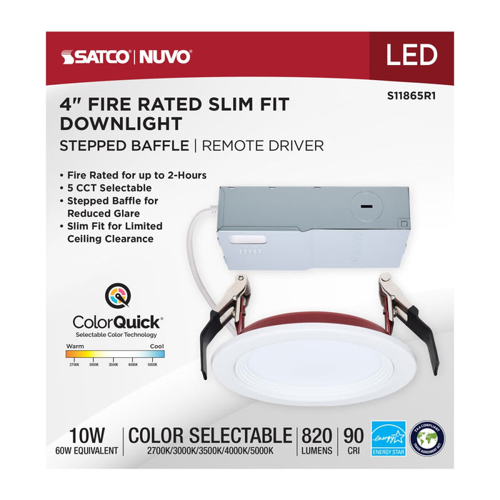 SATCO/NUVO 4 Inch Fire Rated Direct Wire Slim Fit Step Baffle Downlight 10W 820Lm CCT Selectable 2700K/3000K/3500K/4000K/5000K 90 CRI Dimmable 120V White (S11865R1)