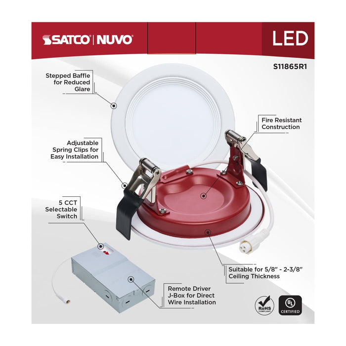 SATCO/NUVO 4 Inch Fire Rated Direct Wire Slim Fit Step Baffle Downlight 10W 820Lm CCT Selectable 2700K/3000K/3500K/4000K/5000K 90 CRI Dimmable 120V White (S11865R1)