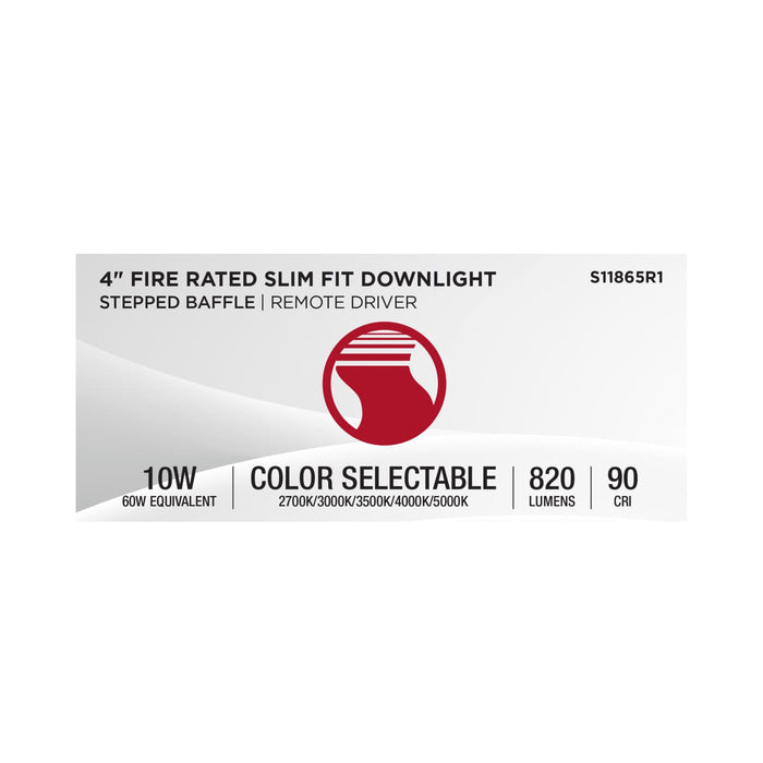 SATCO/NUVO 4 Inch Fire Rated Direct Wire Slim Fit Step Baffle Downlight 10W 820Lm CCT Selectable 2700K/3000K/3500K/4000K/5000K 90 CRI Dimmable 120V White (S11865R1)