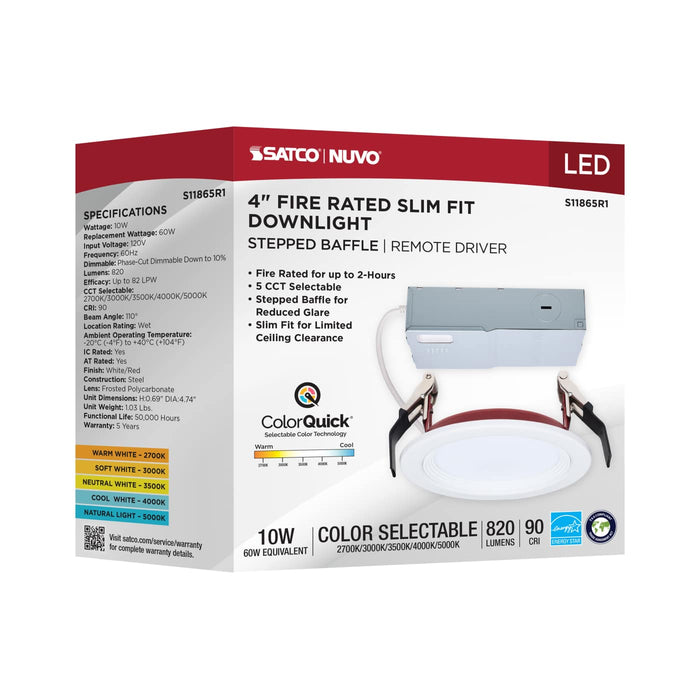 SATCO/NUVO 4 Inch Fire Rated Direct Wire Slim Fit Step Baffle Downlight 10W 820Lm CCT Selectable 2700K/3000K/3500K/4000K/5000K 90 CRI Dimmable 120V White (S11865R1)