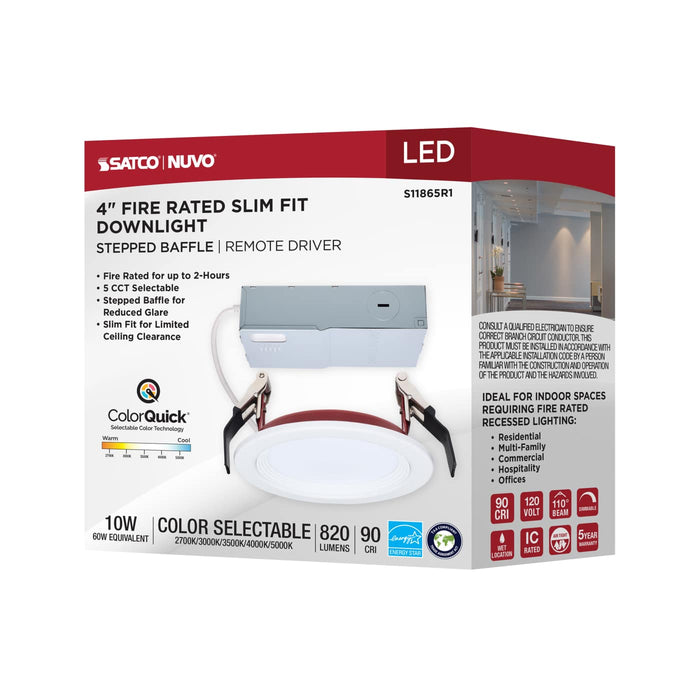 SATCO/NUVO 4 Inch Fire Rated Direct Wire Slim Fit Step Baffle Downlight 10W 820Lm CCT Selectable 2700K/3000K/3500K/4000K/5000K 90 CRI Dimmable 120V White (S11865R1)