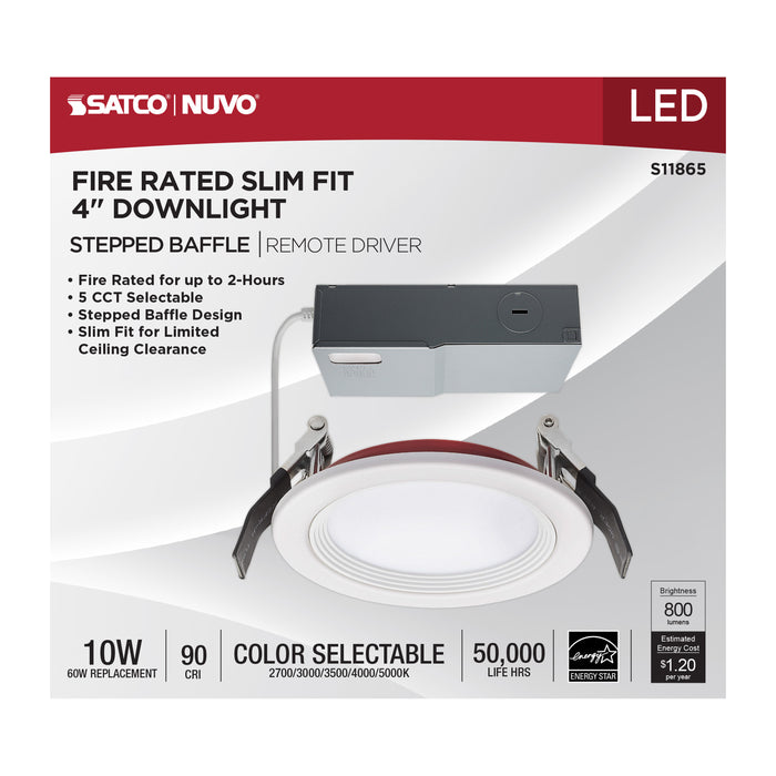 SATCO/NUVO 10W LED Fire Rated 4 Inch Direct Wire Downlight Round Stepped Baffle CCT Selectable 2700K/3000K/3500K/4000K/5000K 120V Dimmable Remote Driver White (S11865)