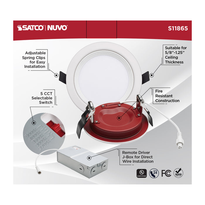 SATCO/NUVO 10W LED Fire Rated 4 Inch Direct Wire Downlight Round Stepped Baffle CCT Selectable 2700K/3000K/3500K/4000K/5000K 120V Dimmable Remote Driver White (S11865)
