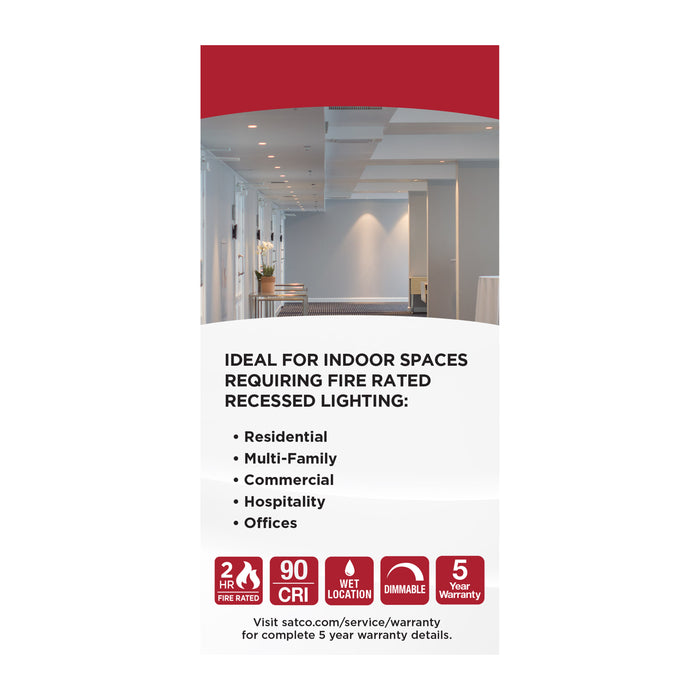 SATCO/NUVO 10W LED Fire Rated 4 Inch Direct Wire Downlight Round Stepped Baffle CCT Selectable 2700K/3000K/3500K/4000K/5000K 120V Dimmable Remote Driver White (S11865)