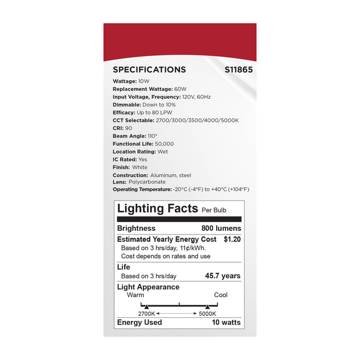 SATCO/NUVO 10W LED Fire Rated 4 Inch Direct Wire Downlight Round Stepped Baffle CCT Selectable 2700K/3000K/3500K/4000K/5000K 120V Dimmable Remote Driver White (S11865)