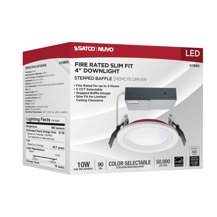 SATCO/NUVO 10W LED Fire Rated 4 Inch Direct Wire Downlight Round Stepped Baffle CCT Selectable 2700K/3000K/3500K/4000K/5000K 120V Dimmable Remote Driver White (S11865)