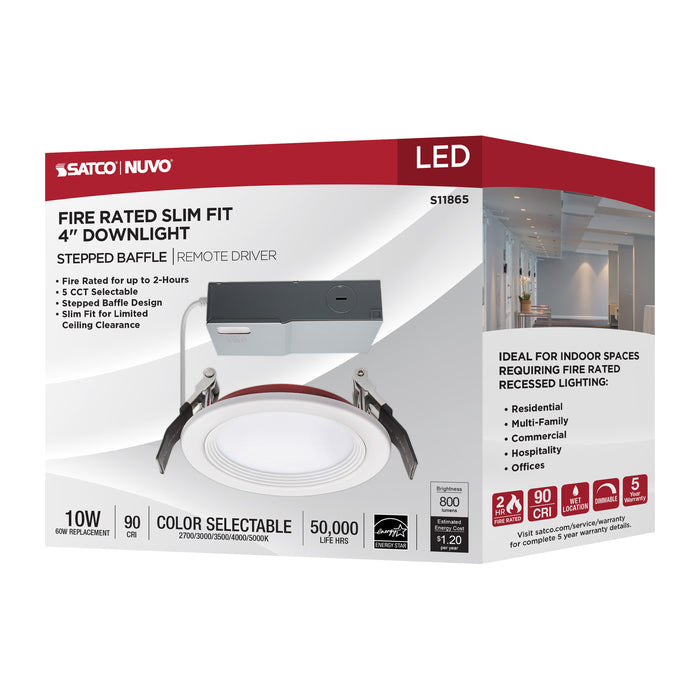 SATCO/NUVO 10W LED Fire Rated 4 Inch Direct Wire Downlight Round Stepped Baffle CCT Selectable 2700K/3000K/3500K/4000K/5000K 120V Dimmable Remote Driver White (S11865)