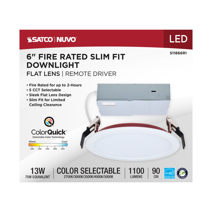 SATCO/NUVO 6 Inch Fire Rated Direct Wire Slim Fit Flat Face Downlight 13W 1100Lm CCT Selectable 2700K/3000K/3500K/4000K/5000K 90 CRI Dimmable 120V White (S11866R1)