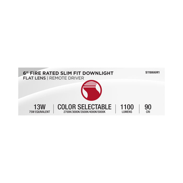 SATCO/NUVO 6 Inch Fire Rated Direct Wire Slim Fit Flat Face Downlight 13W 1100Lm CCT Selectable 2700K/3000K/3500K/4000K/5000K 90 CRI Dimmable 120V White (S11866R1)
