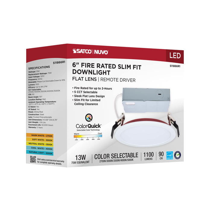 SATCO/NUVO 6 Inch Fire Rated Direct Wire Slim Fit Flat Face Downlight 13W 1100Lm CCT Selectable 2700K/3000K/3500K/4000K/5000K 90 CRI Dimmable 120V White (S11866R1)