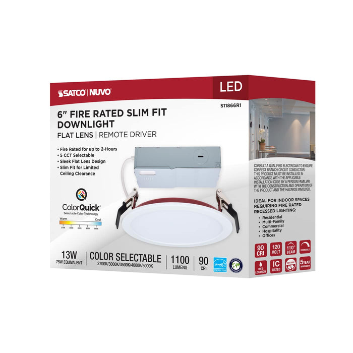 SATCO/NUVO 6 Inch Fire Rated Direct Wire Slim Fit Flat Face Downlight 13W 1100Lm CCT Selectable 2700K/3000K/3500K/4000K/5000K 90 CRI Dimmable 120V White (S11866R1)