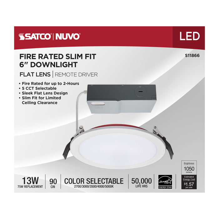 SATCO/NUVO 13W LED Fire Rated 6 Inch Direct Wire Downlight Round Flat Lens CCT Selectable 2700K/3000K/3500K/4000K/5000K 120V Dimmable Remote Driver White (S11866)