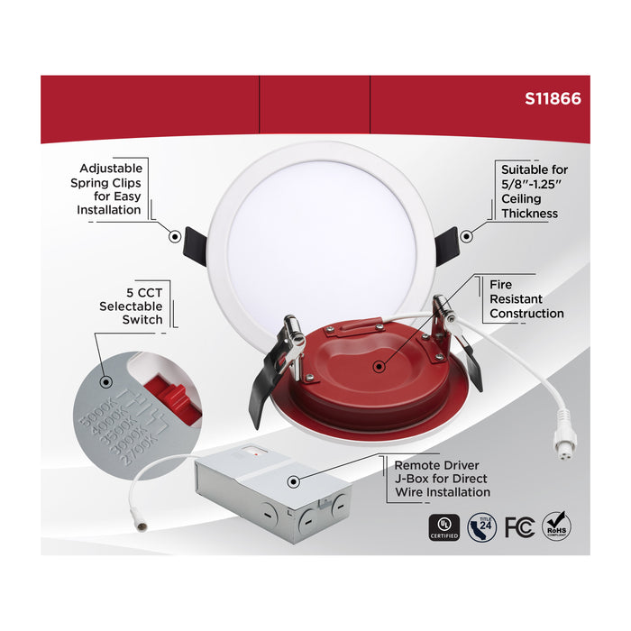 SATCO/NUVO 13W LED Fire Rated 6 Inch Direct Wire Downlight Round Flat Lens CCT Selectable 2700K/3000K/3500K/4000K/5000K 120V Dimmable Remote Driver White (S11866)