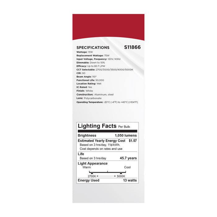 SATCO/NUVO 13W LED Fire Rated 6 Inch Direct Wire Downlight Round Flat Lens CCT Selectable 2700K/3000K/3500K/4000K/5000K 120V Dimmable Remote Driver White (S11866)