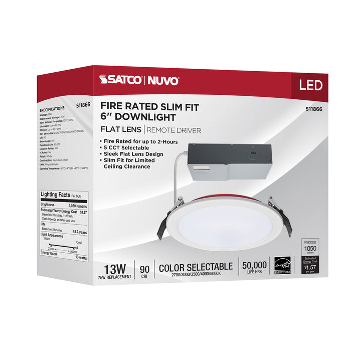 SATCO/NUVO 13W LED Fire Rated 6 Inch Direct Wire Downlight Round Flat Lens CCT Selectable 2700K/3000K/3500K/4000K/5000K 120V Dimmable Remote Driver White (S11866)