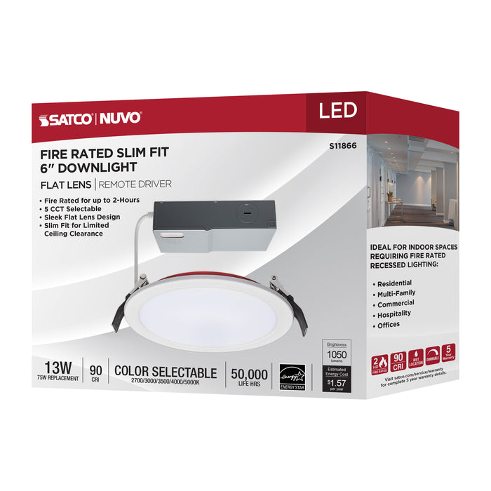 SATCO/NUVO 13W LED Fire Rated 6 Inch Direct Wire Downlight Round Flat Lens CCT Selectable 2700K/3000K/3500K/4000K/5000K 120V Dimmable Remote Driver White (S11866)