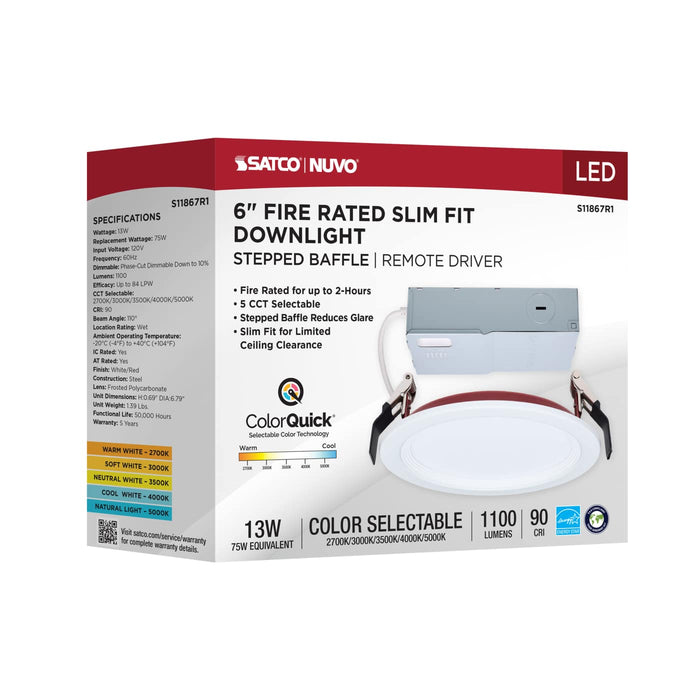 SATCO/NUVO 6 Inch Fire Rated Direct Wire Slim Fit Step Baffle Downlight 13W 1100Lm CCT Selectable 2700K/3000K/3500K/4000K/5000K 90 CRI Dimmable 120V White (S11867R1)