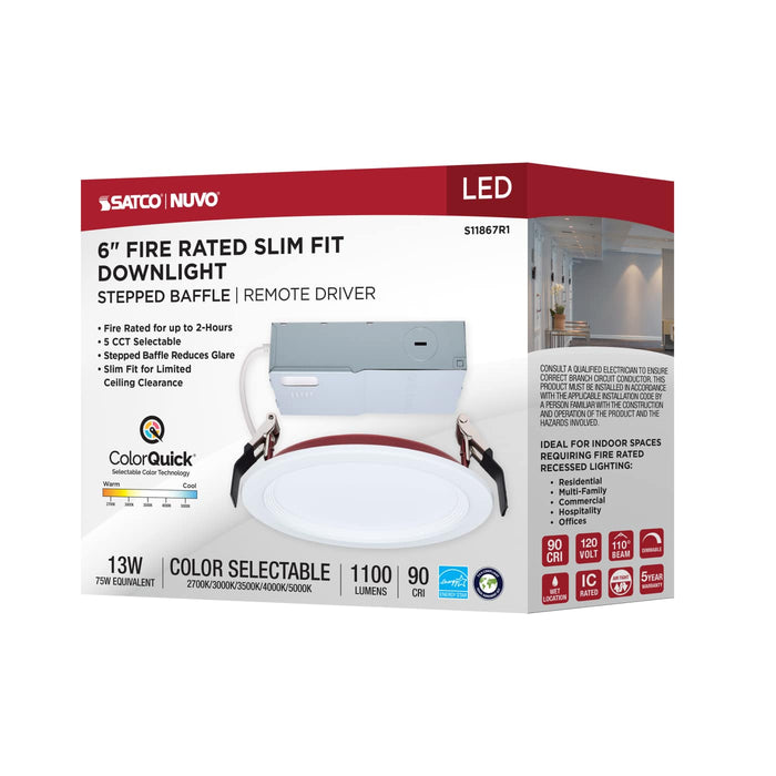 SATCO/NUVO 6 Inch Fire Rated Direct Wire Slim Fit Step Baffle Downlight 13W 1100Lm CCT Selectable 2700K/3000K/3500K/4000K/5000K 90 CRI Dimmable 120V White (S11867R1)