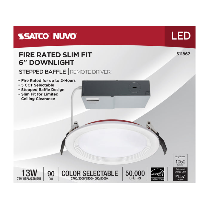 SATCO/NUVO 13W LED Fire Rated 6 Inch Direct Wire Downlight Round Stepped Baffle CCT Selectable 2700K/3000K/3500K/4000K/5000K 120V Dimmable Remote Driver White (S11867)