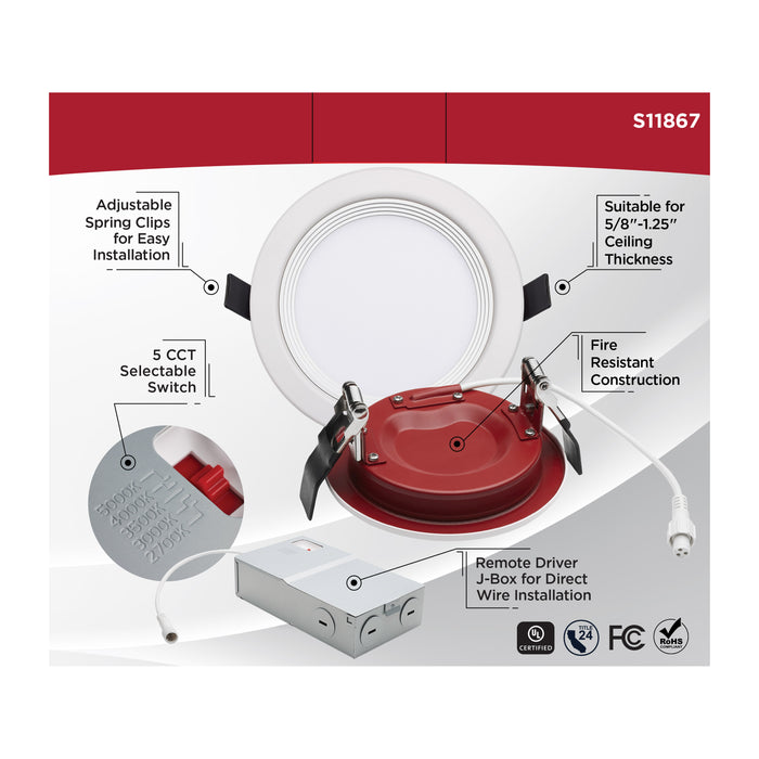 SATCO/NUVO 13W LED Fire Rated 6 Inch Direct Wire Downlight Round Stepped Baffle CCT Selectable 2700K/3000K/3500K/4000K/5000K 120V Dimmable Remote Driver White (S11867)