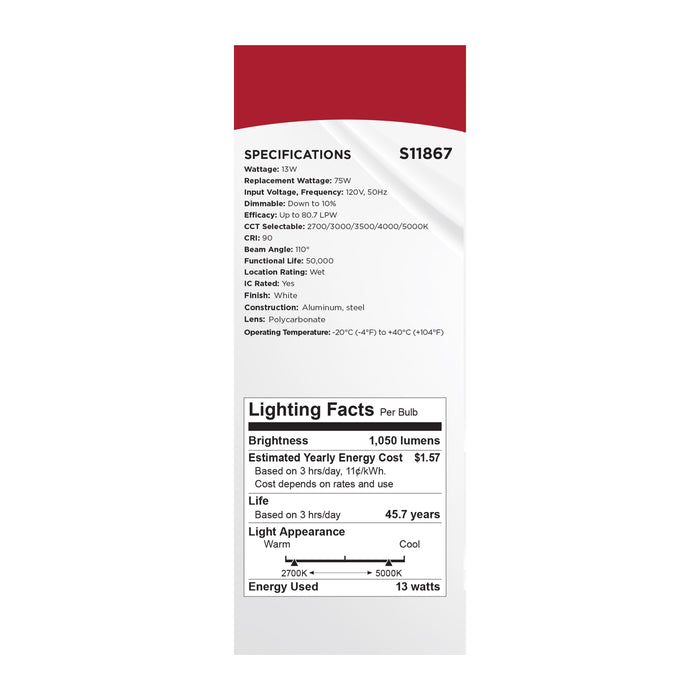 SATCO/NUVO 13W LED Fire Rated 6 Inch Direct Wire Downlight Round Stepped Baffle CCT Selectable 2700K/3000K/3500K/4000K/5000K 120V Dimmable Remote Driver White (S11867)