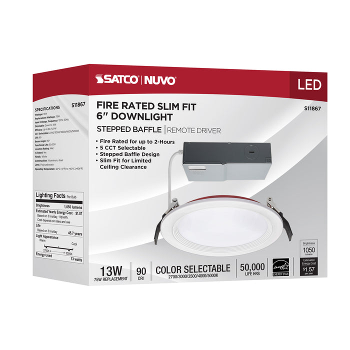 SATCO/NUVO 13W LED Fire Rated 6 Inch Direct Wire Downlight Round Stepped Baffle CCT Selectable 2700K/3000K/3500K/4000K/5000K 120V Dimmable Remote Driver White (S11867)