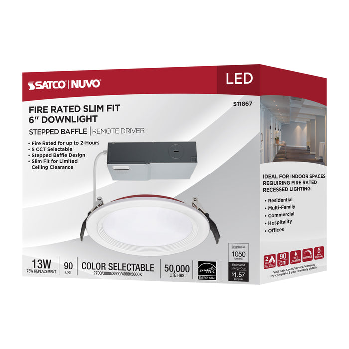 SATCO/NUVO 13W LED Fire Rated 6 Inch Direct Wire Downlight Round Stepped Baffle CCT Selectable 2700K/3000K/3500K/4000K/5000K 120V Dimmable Remote Driver White (S11867)
