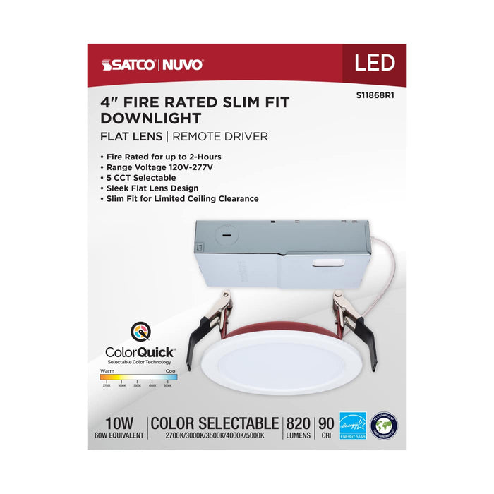 SATCO/NUVO 4 Inch Fire Rated Direct Wire Slim Fit Flat Face Downlight 10W 820Lm CCT Selectable 2700K/3000K/3500K/4000K/5000K 90 CRI Dimmable 120-277V White (S11868R1)