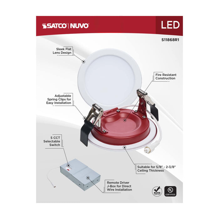 SATCO/NUVO 4 Inch Fire Rated Direct Wire Slim Fit Flat Face Downlight 10W 820Lm CCT Selectable 2700K/3000K/3500K/4000K/5000K 90 CRI Dimmable 120-277V White (S11868R1)