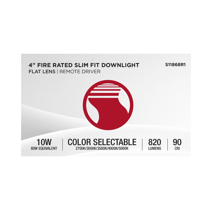 SATCO/NUVO 4 Inch Fire Rated Direct Wire Slim Fit Flat Face Downlight 10W 820Lm CCT Selectable 2700K/3000K/3500K/4000K/5000K 90 CRI Dimmable 120-277V White (S11868R1)