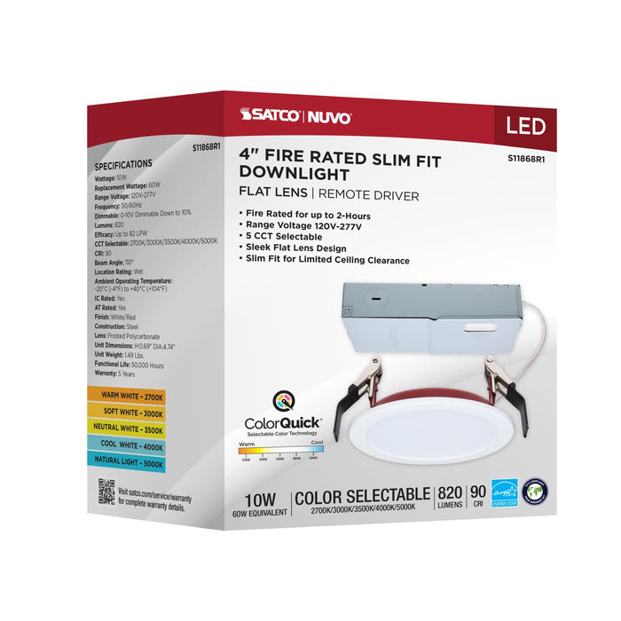 SATCO/NUVO 4 Inch Fire Rated Direct Wire Slim Fit Flat Face Downlight 10W 820Lm CCT Selectable 2700K/3000K/3500K/4000K/5000K 90 CRI Dimmable 120-277V White (S11868R1)