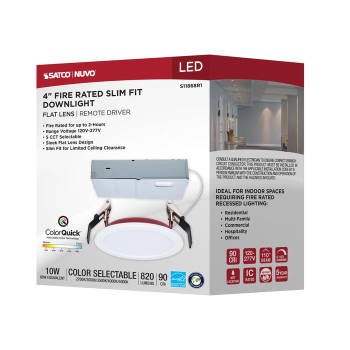 SATCO/NUVO 4 Inch Fire Rated Direct Wire Slim Fit Flat Face Downlight 10W 820Lm CCT Selectable 2700K/3000K/3500K/4000K/5000K 90 CRI Dimmable 120-277V White (S11868R1)