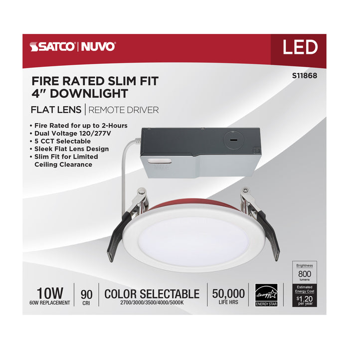 SATCO/NUVO 10W LED Fire Rated 4 Inch Direct Wire Downlight Round Flat Lens CCT Selectable 2700K/3000K/3500K/4000K/5000K 120-277V Dimmable Remote Driver White (S11868)