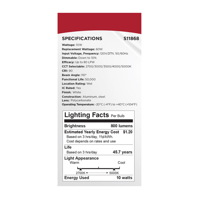 SATCO/NUVO 10W LED Fire Rated 4 Inch Direct Wire Downlight Round Flat Lens CCT Selectable 2700K/3000K/3500K/4000K/5000K 120-277V Dimmable Remote Driver White (S11868)