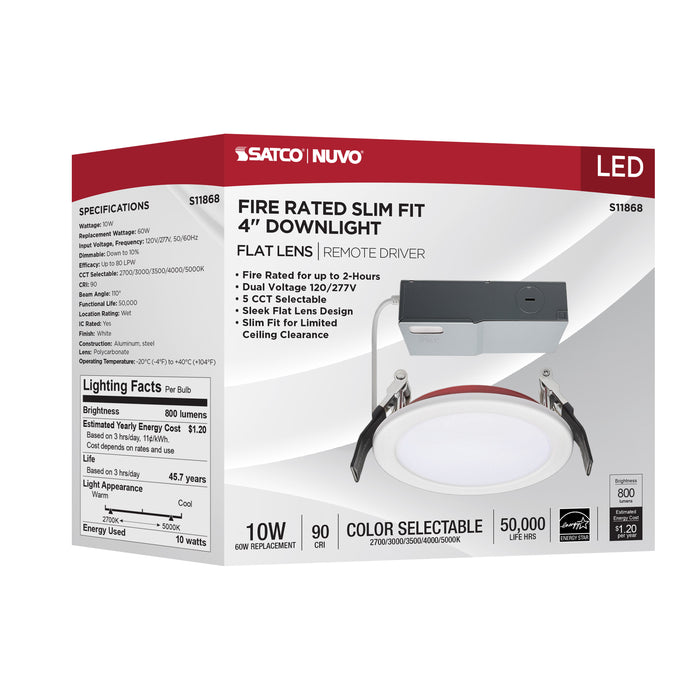 SATCO/NUVO 10W LED Fire Rated 4 Inch Direct Wire Downlight Round Flat Lens CCT Selectable 2700K/3000K/3500K/4000K/5000K 120-277V Dimmable Remote Driver White (S11868)