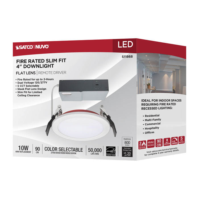 SATCO/NUVO 10W LED Fire Rated 4 Inch Direct Wire Downlight Round Flat Lens CCT Selectable 2700K/3000K/3500K/4000K/5000K 120-277V Dimmable Remote Driver White (S11868)