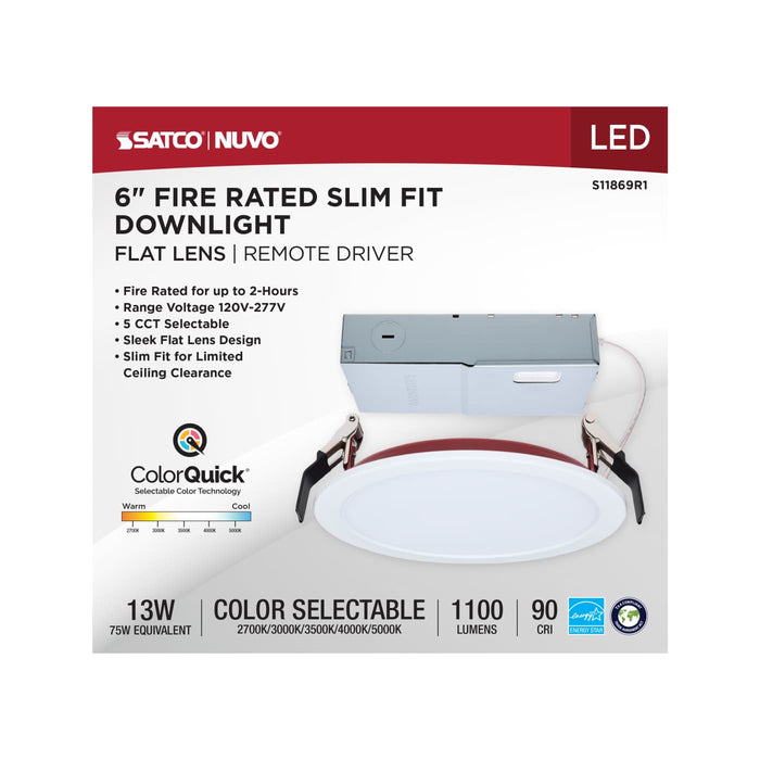 SATCO/NUVO 6 Inch Fire Rated Direct Wire Slim Fit Flat Face Downlight 13W 1100Lm CCT Selectable 2700K/3000K/3500K/4000K/5000K 90 CRI Dimmable 120-277V White (S11869R1)
