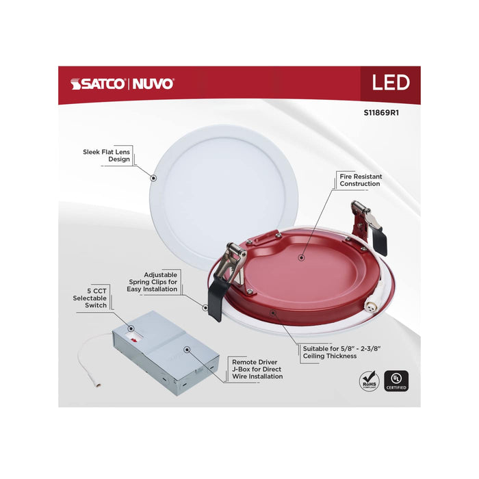 SATCO/NUVO 6 Inch Fire Rated Direct Wire Slim Fit Flat Face Downlight 13W 1100Lm CCT Selectable 2700K/3000K/3500K/4000K/5000K 90 CRI Dimmable 120-277V White (S11869R1)