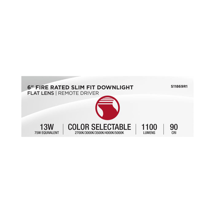 SATCO/NUVO 6 Inch Fire Rated Direct Wire Slim Fit Flat Face Downlight 13W 1100Lm CCT Selectable 2700K/3000K/3500K/4000K/5000K 90 CRI Dimmable 120-277V White (S11869R1)
