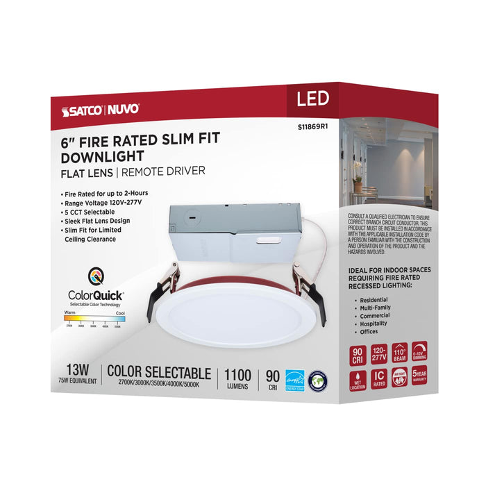 SATCO/NUVO 6 Inch Fire Rated Direct Wire Slim Fit Flat Face Downlight 13W 1100Lm CCT Selectable 2700K/3000K/3500K/4000K/5000K 90 CRI Dimmable 120-277V White (S11869R1)