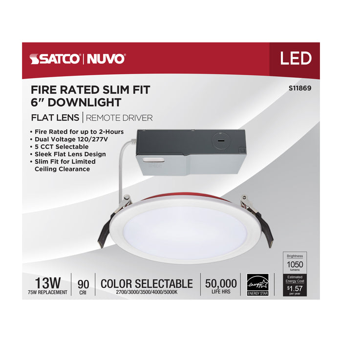 SATCO/NUVO 13W LED Fire Rated 6 Inch Direct Wire Downlight Round Flat Lens CCT Selectable 2700K/3000K/3500K/4000K/5000K 120-277V Dimmable Remote Driver White (S11869)