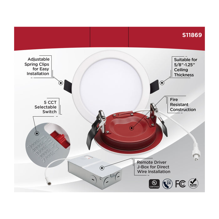 SATCO/NUVO 13W LED Fire Rated 6 Inch Direct Wire Downlight Round Flat Lens CCT Selectable 2700K/3000K/3500K/4000K/5000K 120-277V Dimmable Remote Driver White (S11869)